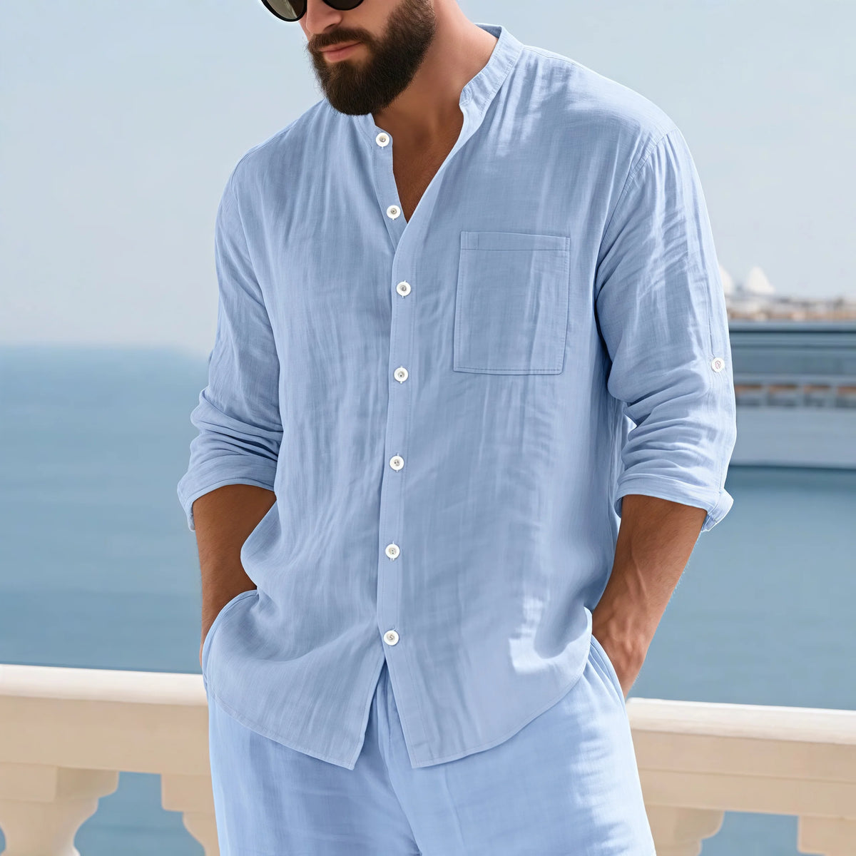 Men's White Linen Button-Down Mandarin Collar Vacation Shirt