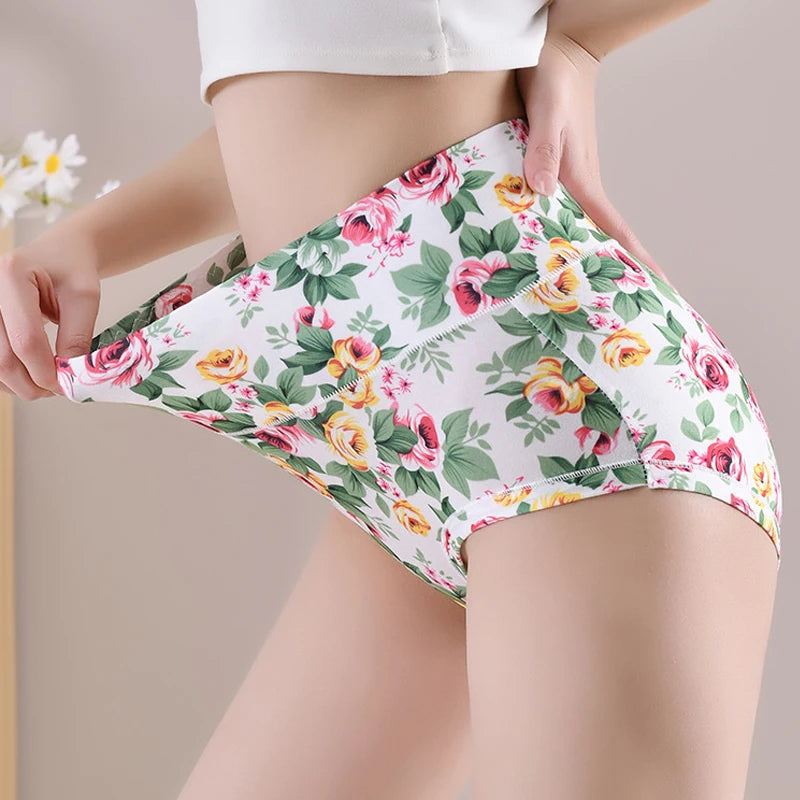 3-Pack Women's Floral Print High-Waisted Briefs - Plus Size Breathable Cotton Panties