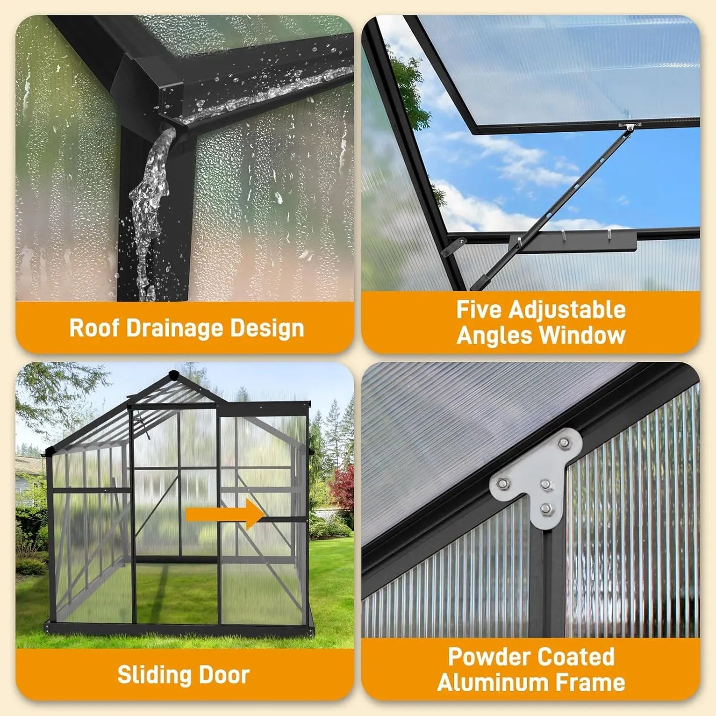 6x10FT Polycarbonate Heavy Duty Green House with Roof Vents