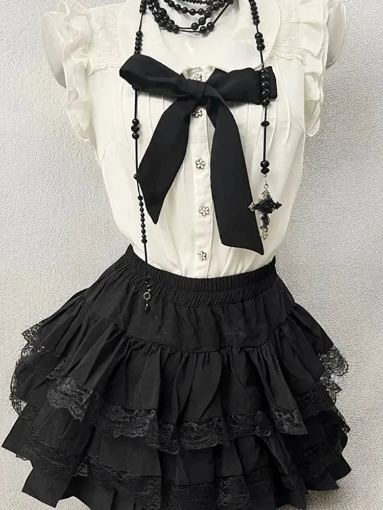 Retro Chic Bubble Sleeve Shirt + Slim Vest + Short Cake Skirt 3 Piece Set