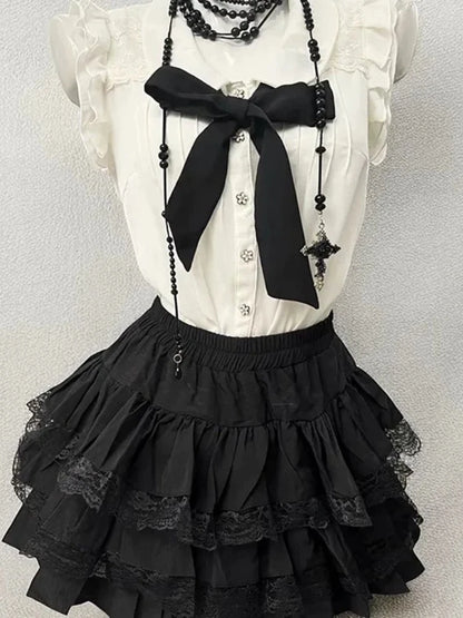 Retro Chic Bubble Sleeve Shirt + Slim Vest + Short Cake Skirt 3 Piece Set