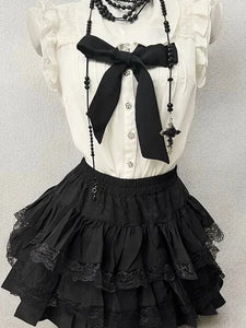 Retro Chic Bubble Sleeve Shirt + Slim Vest + Short Cake Skirt 3 Piece Set