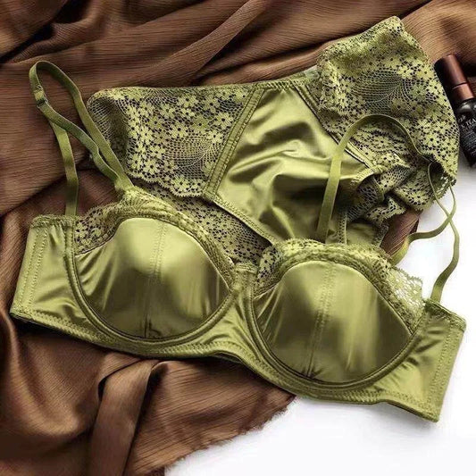 Satin Half-Cup Underwire Bra & Lace Trim Lingerie Set