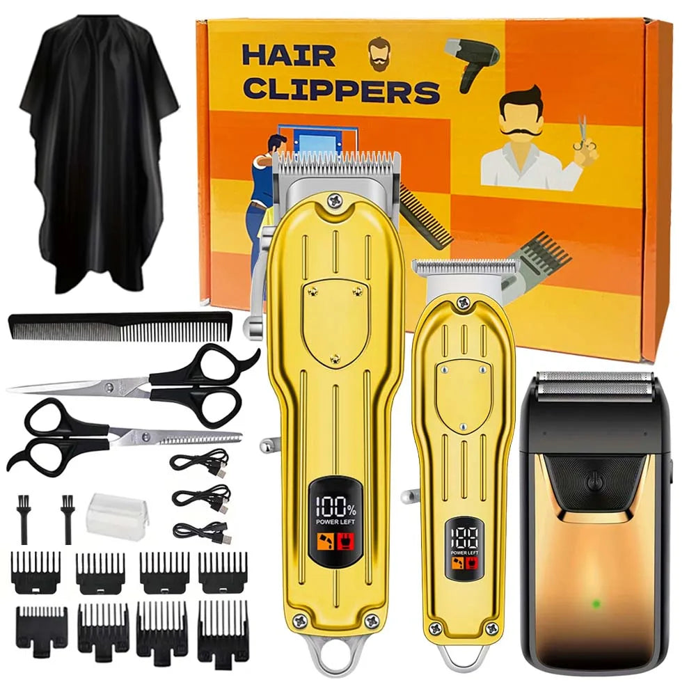 Professional Cordless Hair Clipper & Trimmer Set – USB Rechargeable Grooming Kit with LCD Display