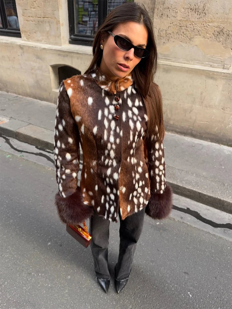 Women’s Leopard Print Short Furry Jacket with Lapel Collar