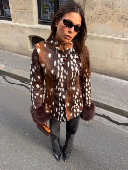 Women’s Leopard Print Short Furry Jacket with Lapel Collar