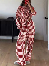 Striped Printed Oversized Long-sleeved Top High-waist Trouser Set