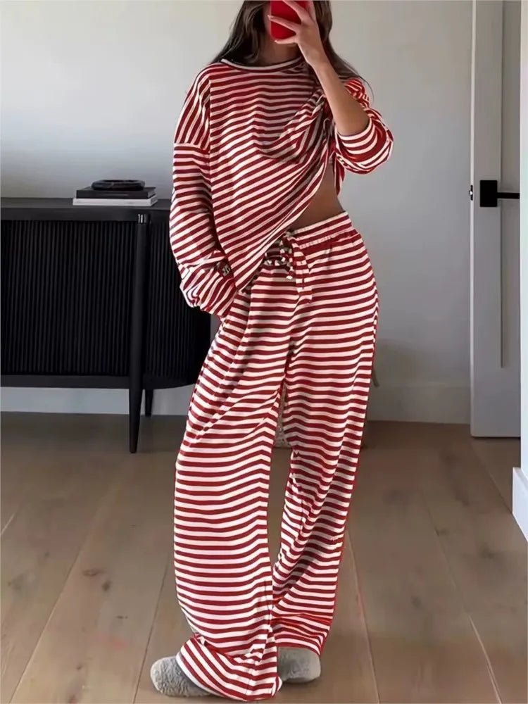 Striped Printed Oversized Long-sleeved Top High-waist Trouser Set