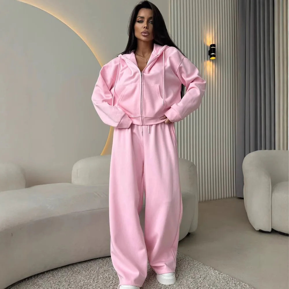 Women's Hooded Zipper Sweatshirt & Wide-Leg Pants Set