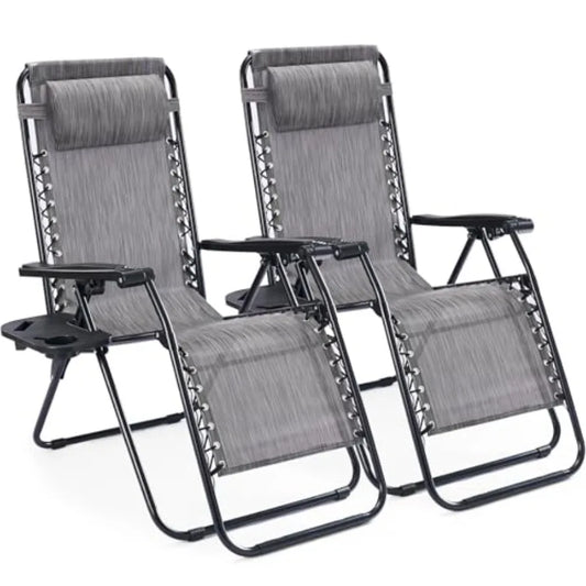 2 Portable Zero Gravity Reclining Beach Chair with Cup Holders