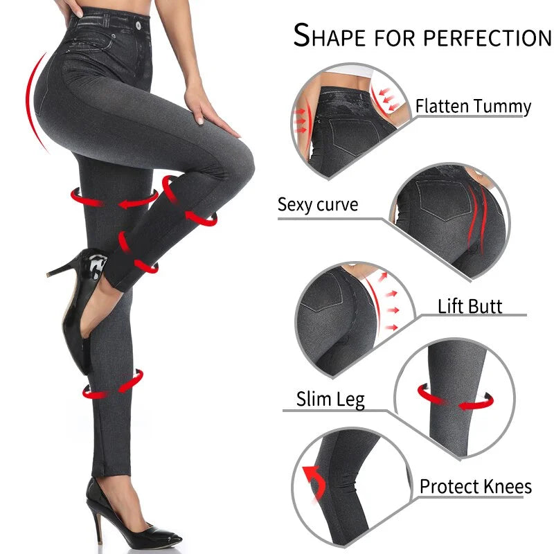 Women's High-Waist Denim Print Stretchy Jeggings