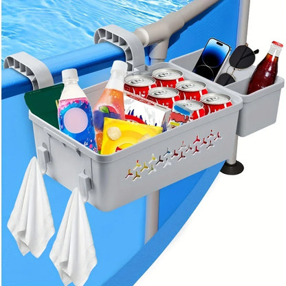 3-in-1 Above Ground Poolside Storage Basket with Cup Holder & Utility Hooks – Heavy-Duty Organizer for Pool Accessories