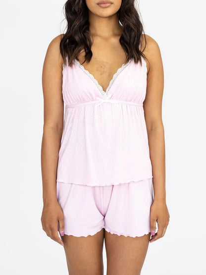 Casual Two Piece Sleeveless V Neck Lace Trim Cami Tank Tops and Shorts Set