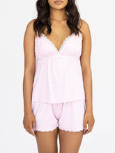 Casual Two Piece Sleeveless V Neck Lace Trim Cami Tank Tops and Shorts Set
