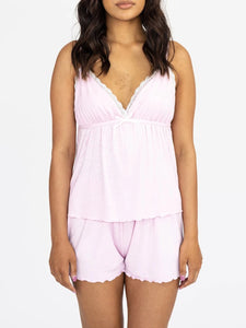 Casual Two Piece Sleeveless V Neck Lace Trim Cami Tank Tops and Shorts Set
