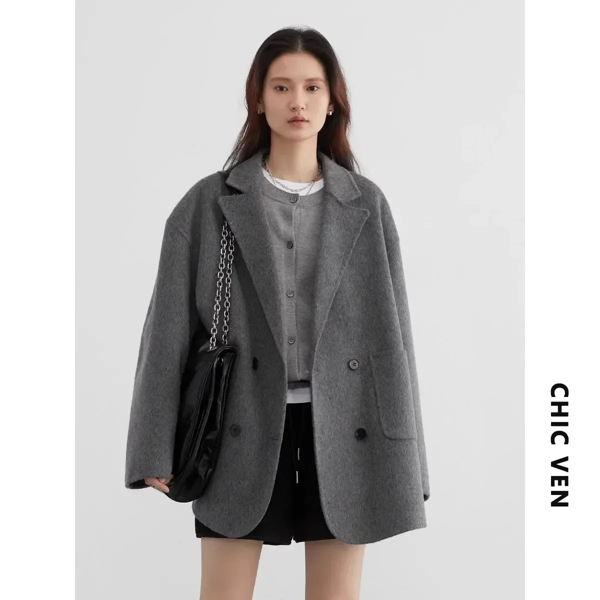 CHIC VEN Loose Double Breasted Retro Double-sided Jacket