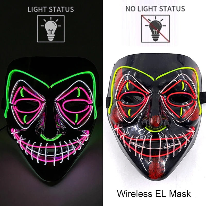 LED Light-Up Neon Wire Purge Mask – 3-Mode Halloween Horror Cosplay Mask for Adults