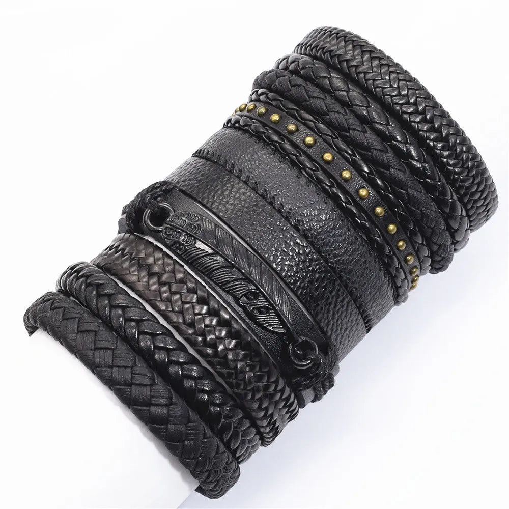 10 Pcs/set Black Wrap Woven Handmade Leather Bracelets