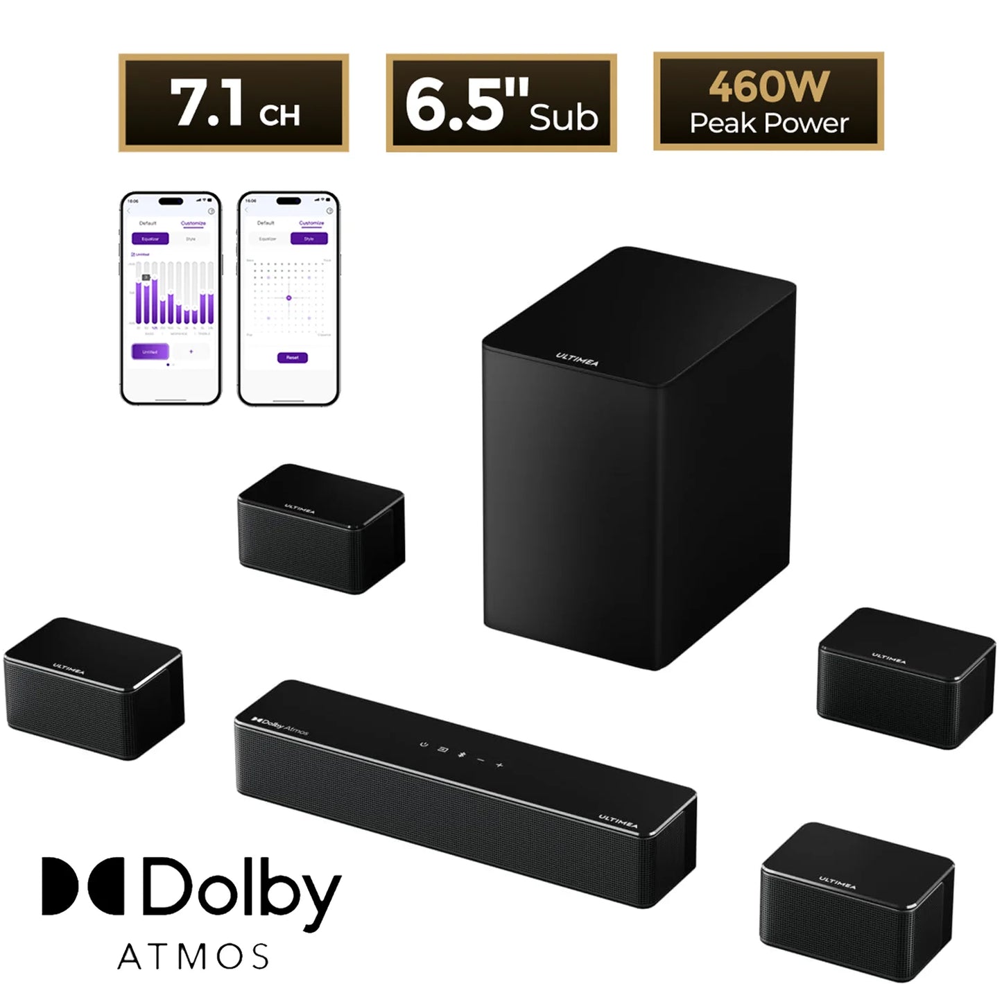 ULTIMEA Poseidon D80 Boom 7.1 Channel Dolby Atmos Soundbar - 500W Home Theater System with Wireless Subwoofer & Surround Speakers