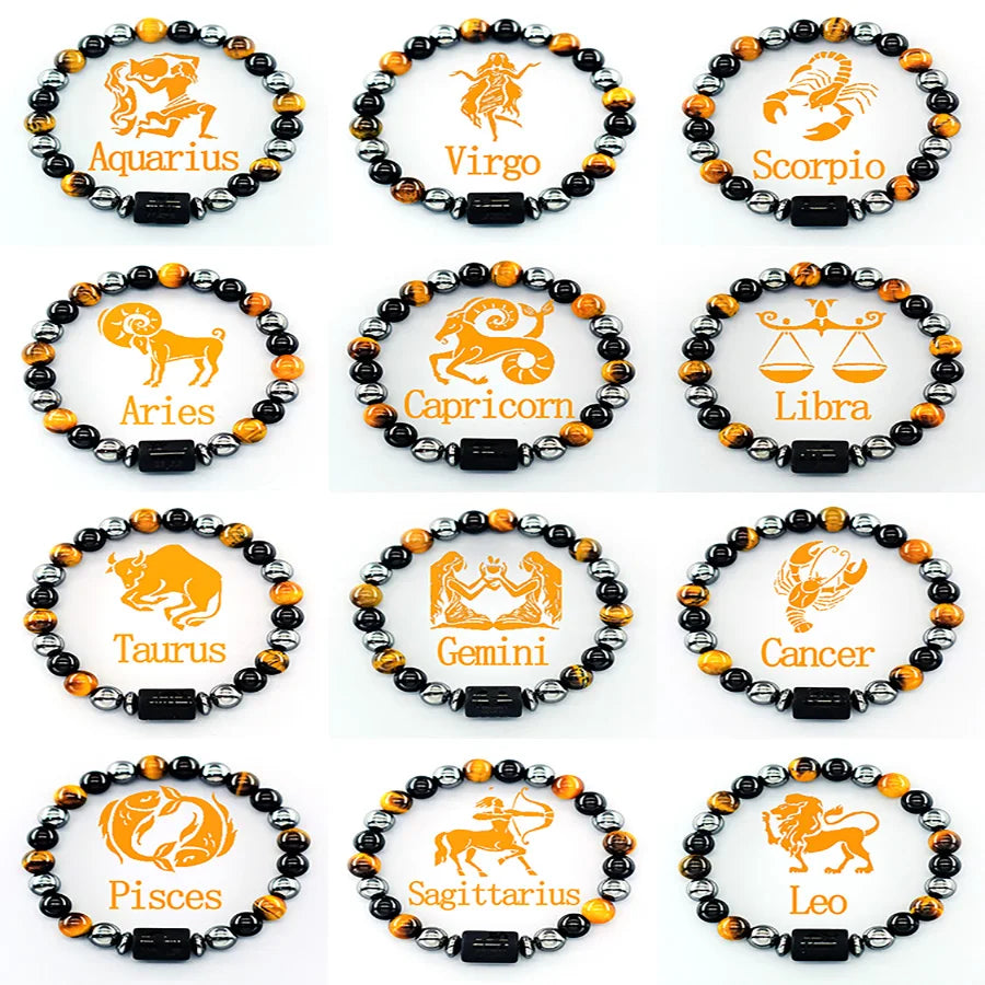 Natural Tiger Eye 12 Zodiac Bead Bracelet