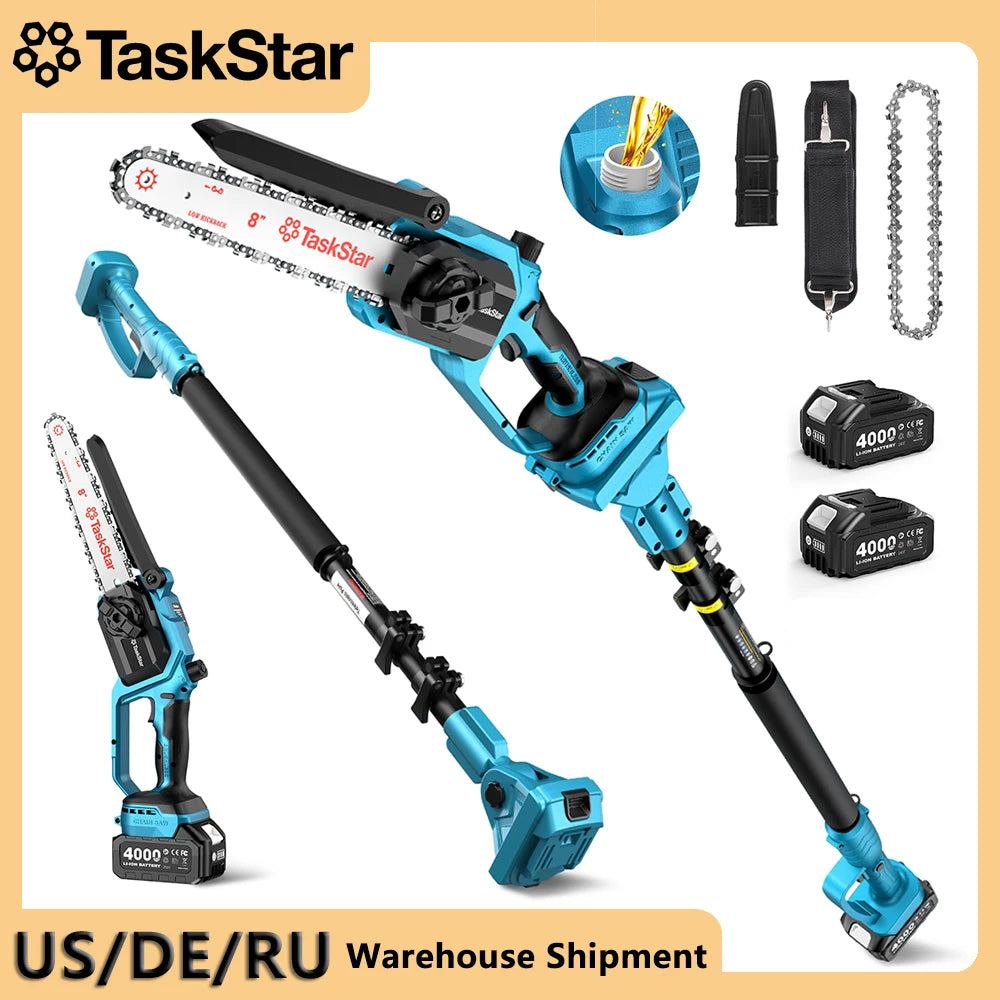 TaskStar 2-in-1 Electric Pole Saw 8" Cordless Chainsaw With Telescoping Rod