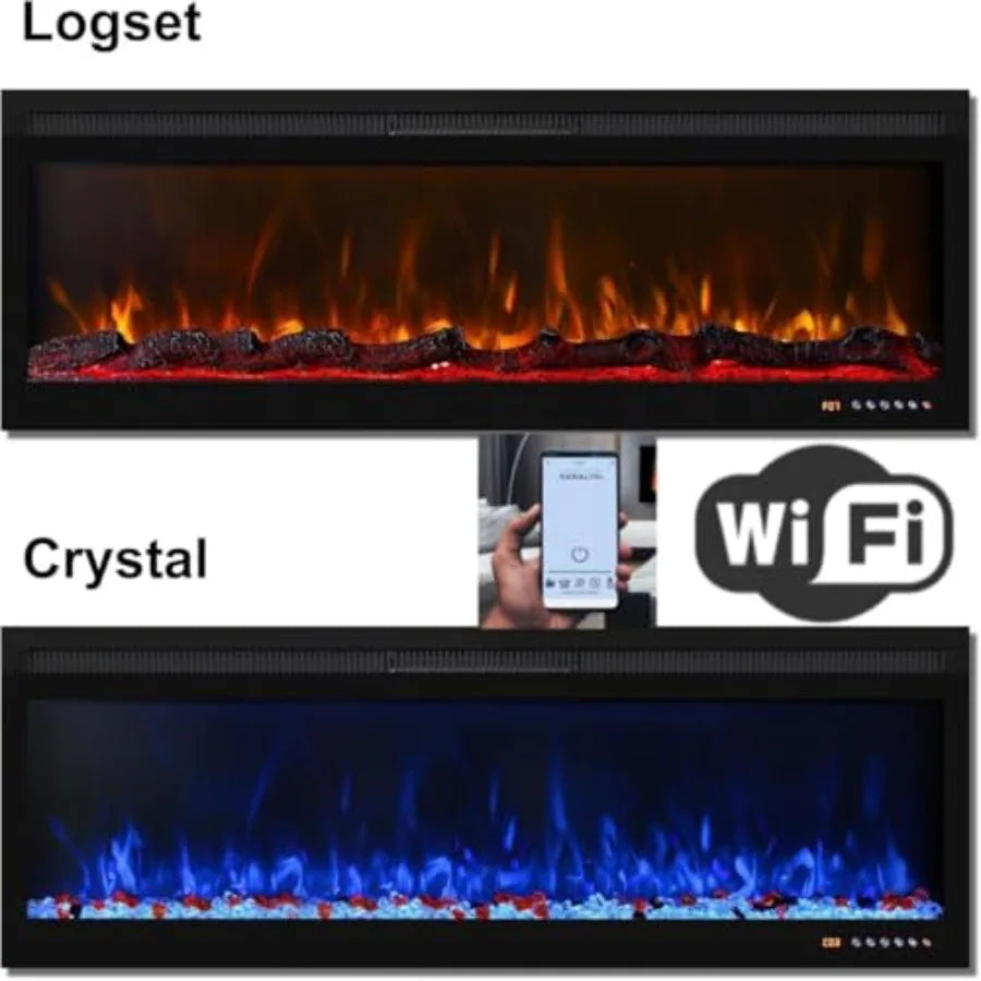 Wi-Fi Enabled Wall Mounted and Recessed Electric Fireplace with Remote and Touch Screen