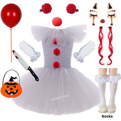 Girls' Pennywise Halloween Costume Dress Set - Creepy Clown Tutu Outfit for Kids