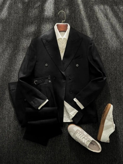Men's 100% Linen Double-Breasted 2-Piece Formal Business Suit Set