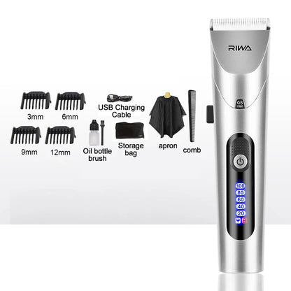 RIWA Professional Cordless Hair Clipper – USB Rechargeable LCD Grooming Kit