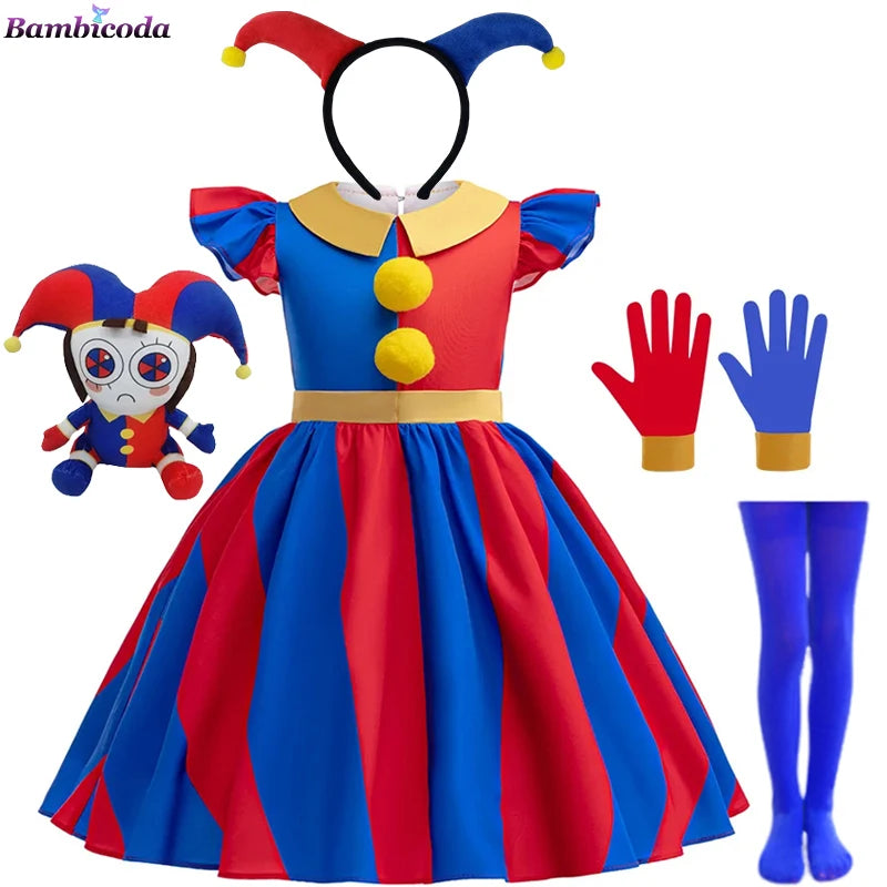 Girls' Digital Circus Pomni Cosplay Costume Set - Red & Blue Clown Dress Outfit for Kids