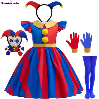 Girls' Digital Circus Pomni Cosplay Costume Set - Red & Blue Clown Dress Outfit for Kids