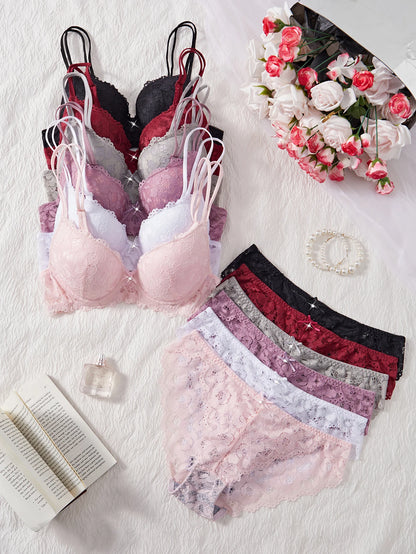 Women's Floral Lace Push-Up Bra & Low-Waist Panty Set
