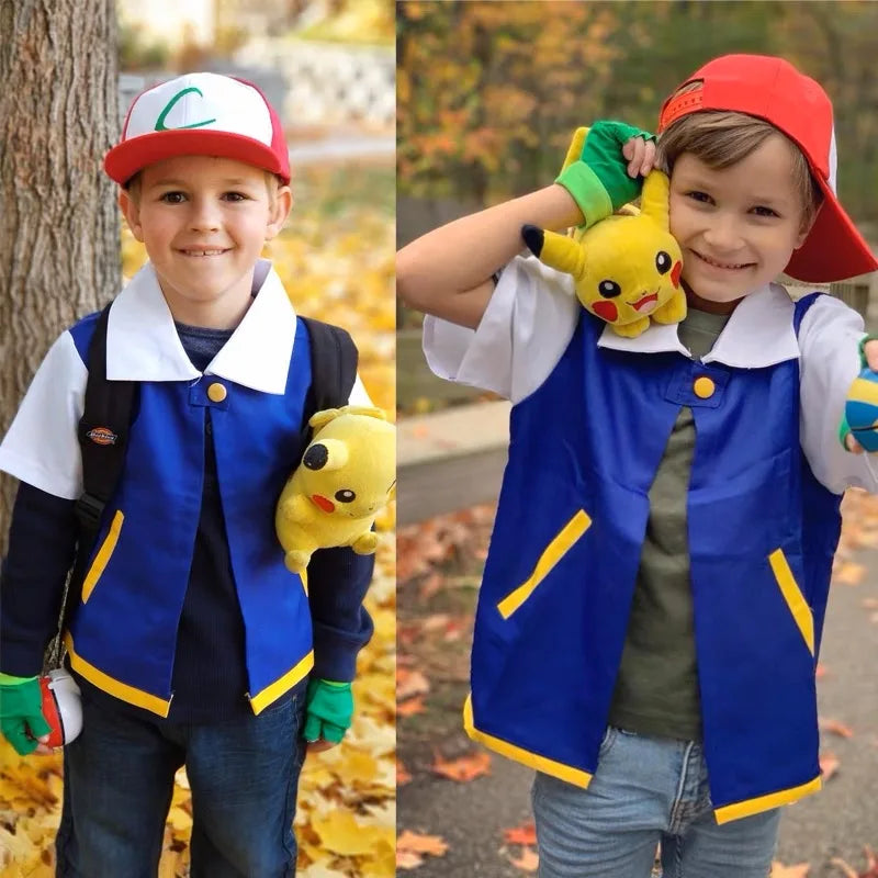 Ash Ketchum Cosplay Costume Set – Anime Trainer Outfit with Jacket, Cap & Gloves for Halloween & Cosplay Events