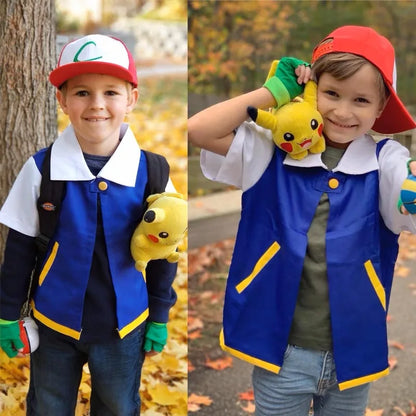 Ash Ketchum Cosplay Costume Set – Anime Trainer Outfit with Jacket, Cap & Gloves for Halloween & Cosplay Events
