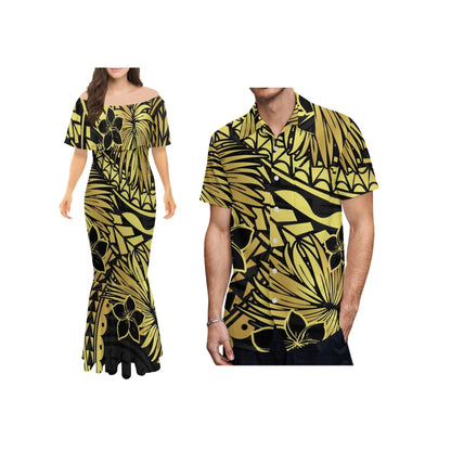 Polynesian Tribal One-Shoulder Mermaid Dress & Matching Men's Shirt