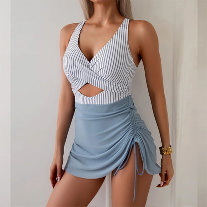 Color Blocking Cross Strap One-Piece Swimsuit
