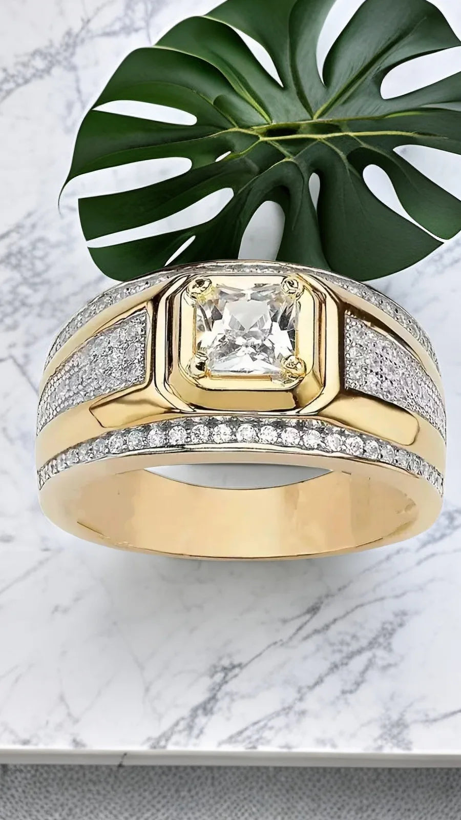 Classic Gold Plated Domineering Square Cut White Zircon Ring