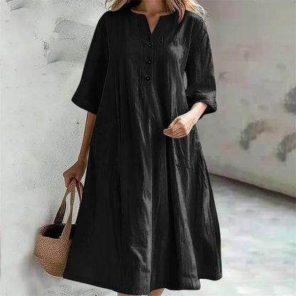 Women's Loose Cotton Linen Half-Sleeve Casual Midi Dress with Pockets