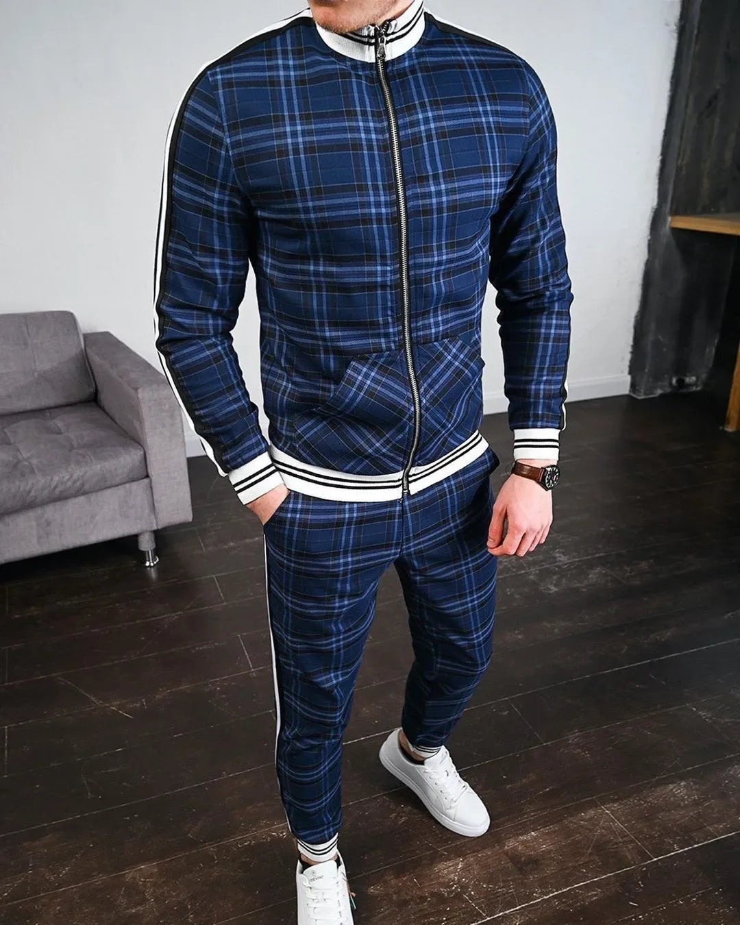 2-pce Checkered Sports Shirt & Jogging Clothes