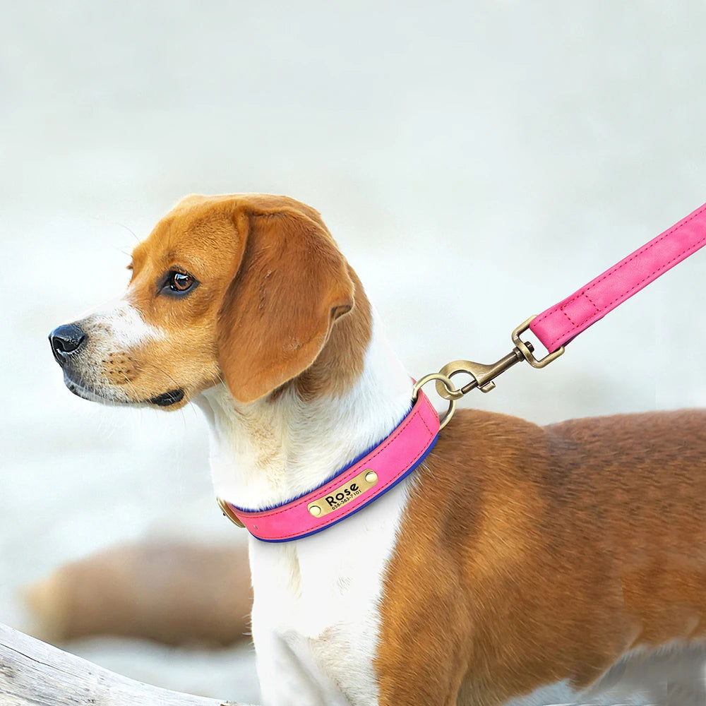 Leather Dog Collar Leash Set Soft Padded