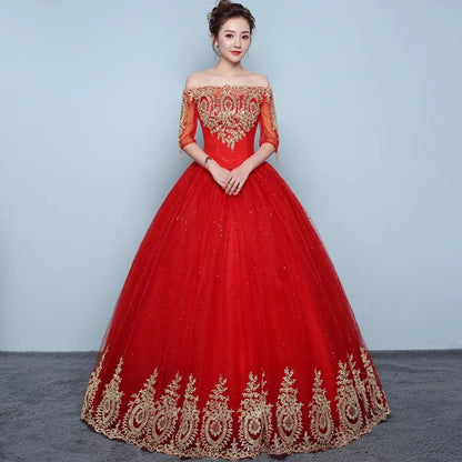 Women's Red Floral Embroidered Off-Shoulder Ball Gown Wedding Dress