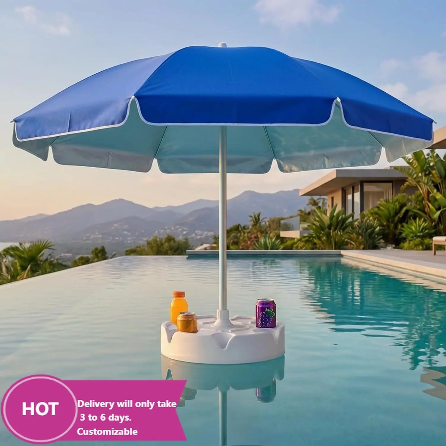 7FT Floating Pool Umbrella with Base & Cup Holders – Portable In-Pool Shade Table & Sun Shelter with Carry Bag