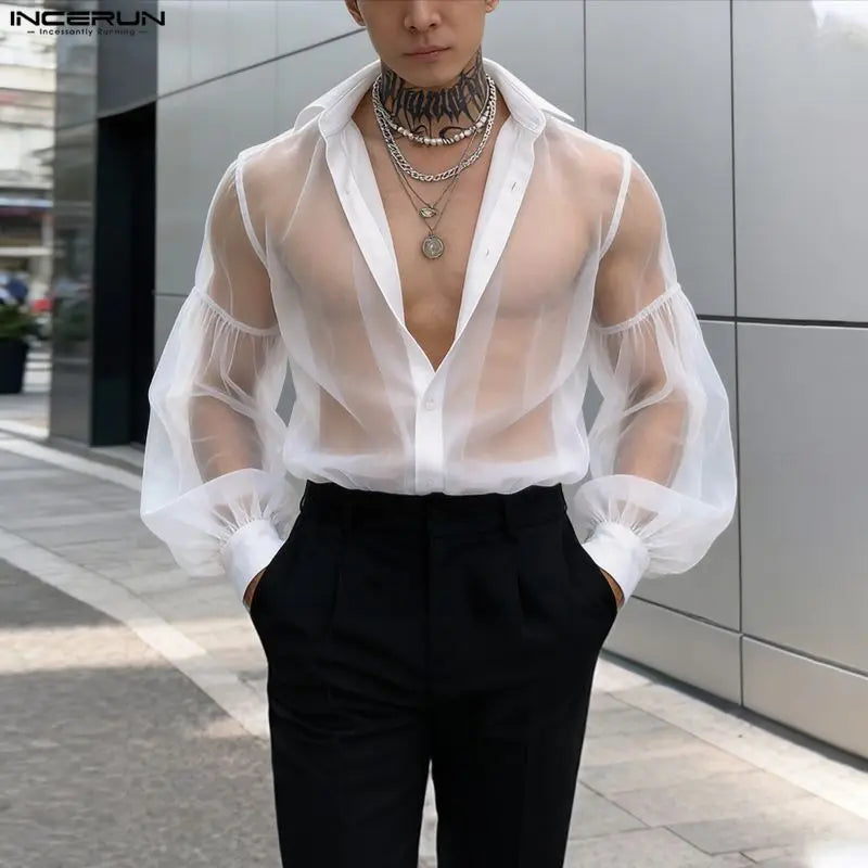 INCERUN Men’s Mesh Patchwork Long Sleeve Button-Down Shirt – Summer Streetwear See-Through Top