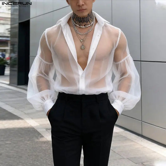 INCERUN Men’s Mesh Patchwork Long Sleeve Button-Down Shirt – Summer Streetwear See-Through Top