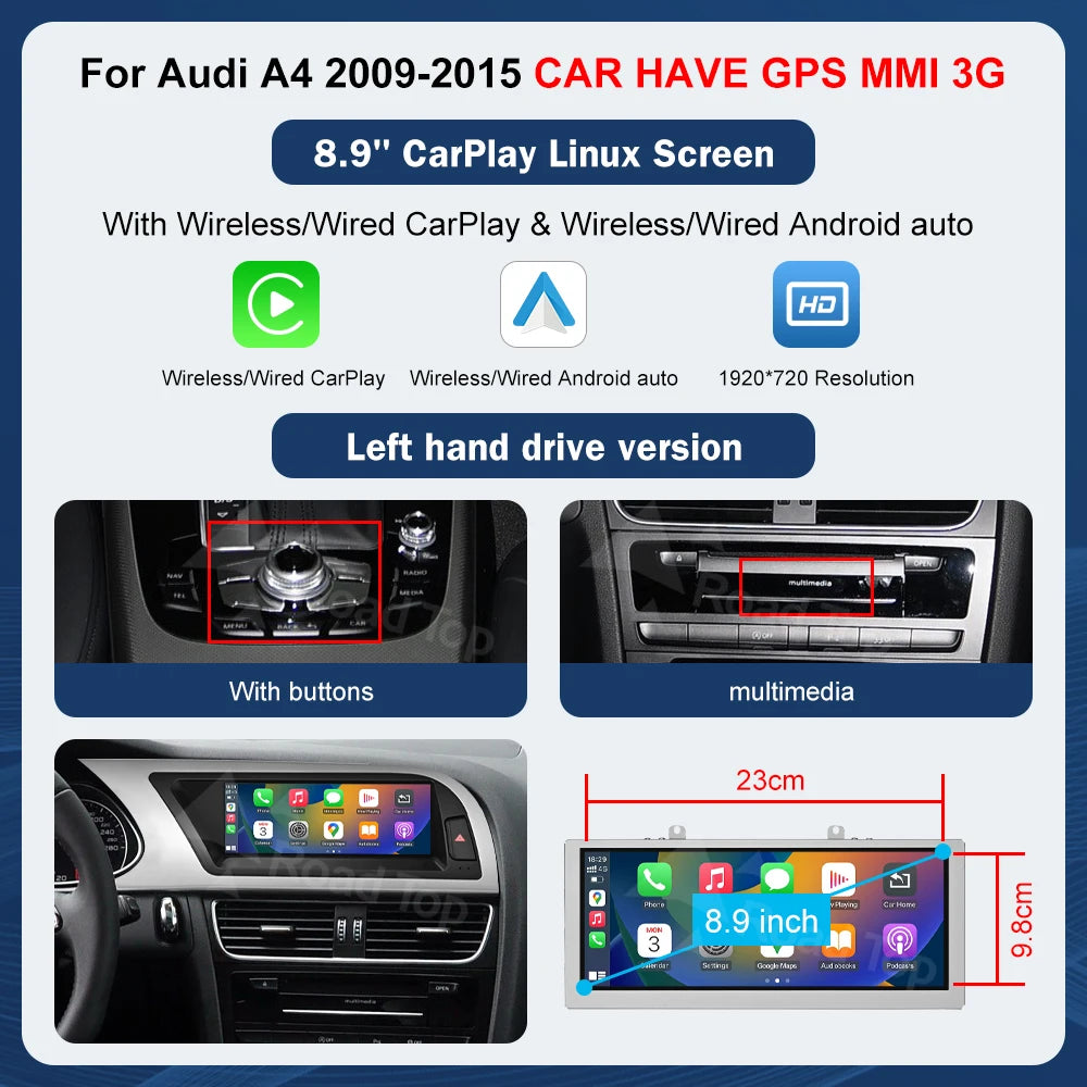 Road Top 8.9" / 12.3" Touchscreen Multimedia Display for Audi A4 S4 (2009–2015) with Wireless CarPlay & Android Auto